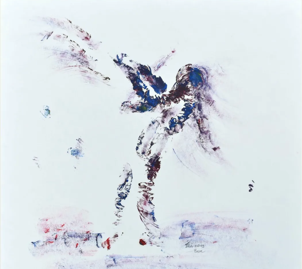 The Violinist, 2019. Oil painting by Bai Nike, created with bare hands. A violinist in motion — bow and body merging.
