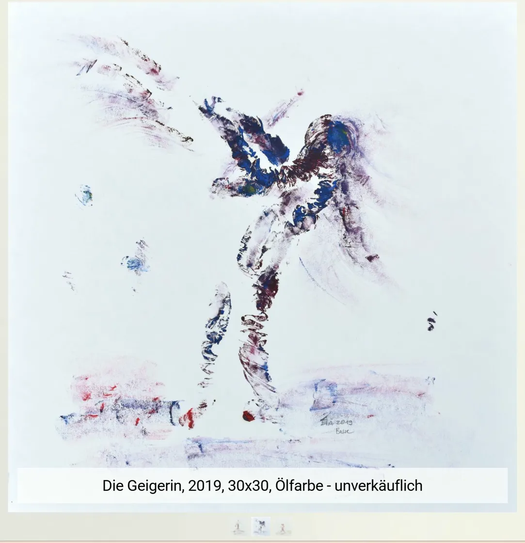 The Violinist, 2019. Oil painting by Bai Nike, created with bare hands. A violinist in motion — bow and body merging.
