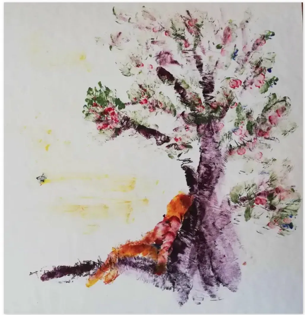 Blossoming Tree with Figure, 2023. Oil painting by Bai Nike. A flowering tree in pink and purple tones with a resting figure.