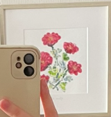 Bouquet, 2023. Small oil painting by Bai Nike — red poppies, framed.