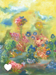 Flower Forest, 2023. Oil painting by Bai Nike — coral, cobalt, and yellow, painted with bare hands.