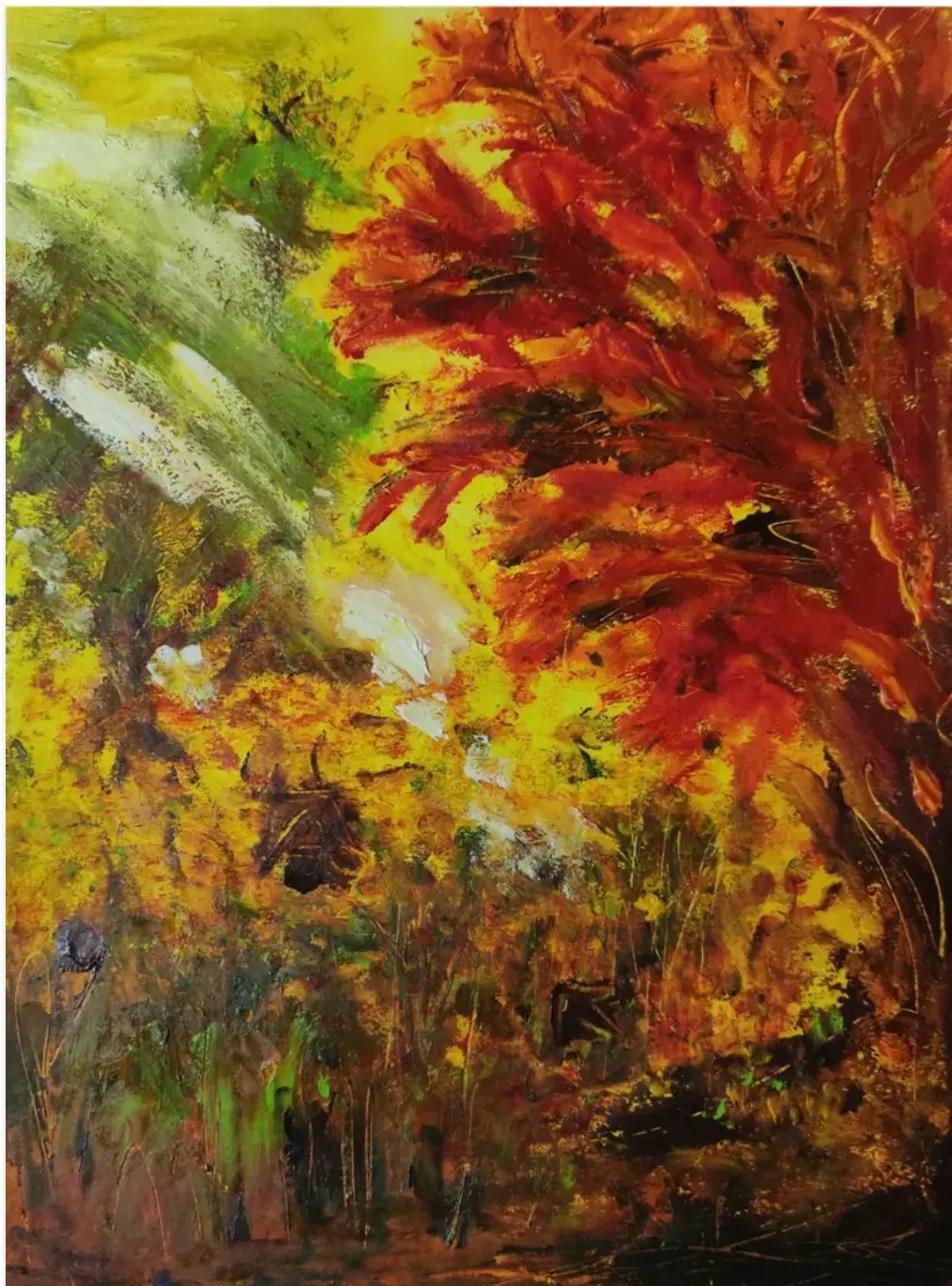 Autumn Forest, 2023. Large-format oil painting by Bai Nike. A forest in burning reds, golds and greens.